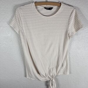 Simply Vera VerawangCream Striped Short Sleeve T-Shirt Tie Front Sz S Crew Neck
